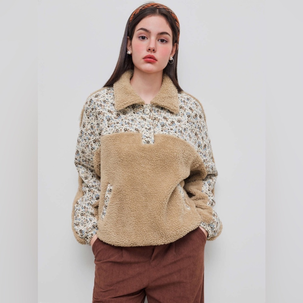 Cider FLEECE FLORAL PATCHED OVERSIZED SWEATSHIRT Mix Drawstring